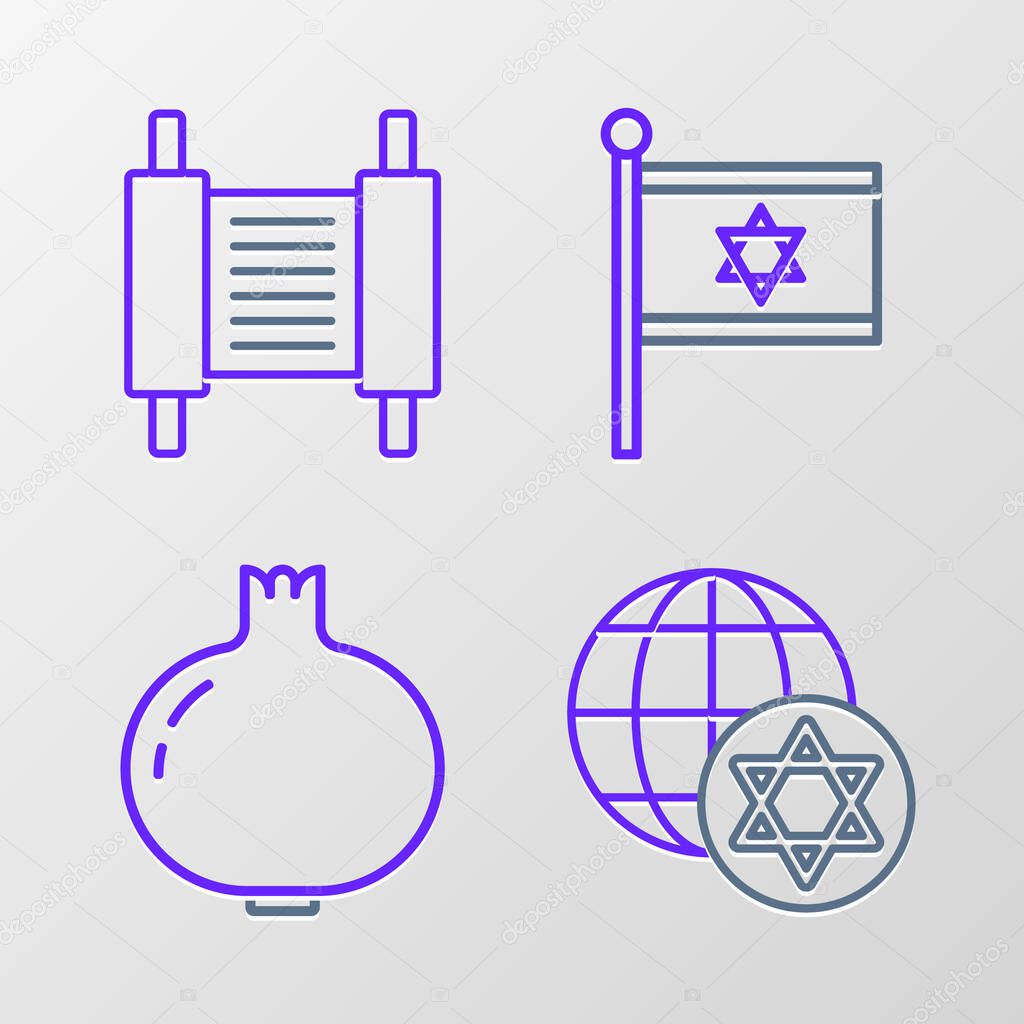 Set line World Globe and Israel Pomegranate Flag of and Torah scroll icon. Vector.