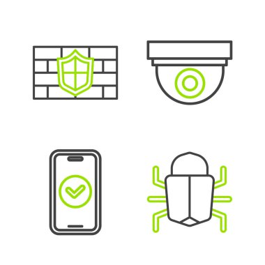 Sistem Hattı Hattı Akıllı Telefon Güvenlik kamerası ve Kalkan 'ı tuğla duvar simgesiyle ayarla. Vektör.