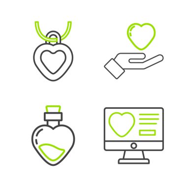 Sevgi iksiri, kalp eli ve kolye şeklinde ikon içeren online randevu uygulaması ayarla. Vektör.