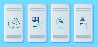 Vitamin hapı, Uykucu Vücut Geliştirici kas ve cam ikonlu bir şişe su. Vektör.