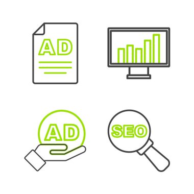 Set line SEO optimization Advertising Monitor with graph chart and icon. Vector.