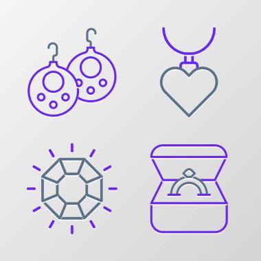 Elmas nişan yüzüğünü kalp şeklinde kolye ve küpe ikonuyla birlikte kutuya koy. Vektör.