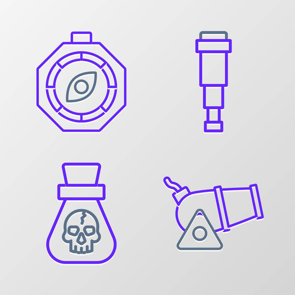 Set line Cannon Pirate coin Spyglass telescope lens and Compass icon. Vector.