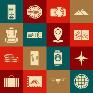 Set Earth globe, Wind rose, Passport pages with visa stamps, Photo camera, Travel ticket, Hiking backpack, Smartphone electronic boarding pass airline and Map pin icon. Vector