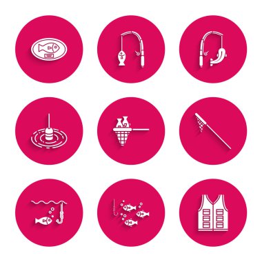 Balıkla balık ağı kur, suyun altına kanca at, ceket, yüzme, olta ve kupayı tahta simgeye as. Vektör