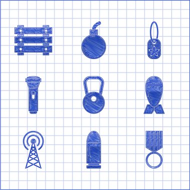 Kettlebell Kurşun Madalyası Havacılık Bombası Radar Flashlight künyesi ve cephane kutusu ikonu. Vektör.