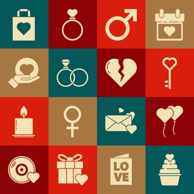 Set, kalp şeklinde balonlar, anahtar şeklinde, erkek cinsiyeti sembolü, alyans, kalp eli, alışveriş torbası ve kırık boşanma ikonu. Vektör