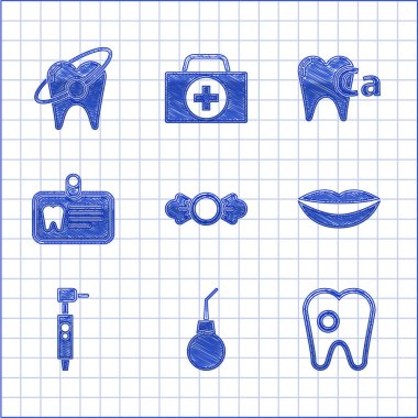 Candy, Enema armudu, dişlek, gülen dudaklı, matkap dişli, kimlik kartı dişli, kalsiyum destekli ve beyazlatıcı kavram simgesi. Vektör