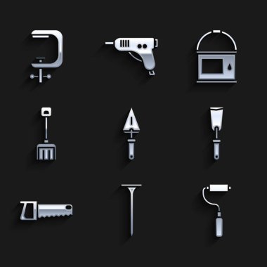 Trowel, metal çivi, boya fırçası, macun bıçağı, el testeresi, kar küreği, kova ve klemp vida ikonu. Vektör