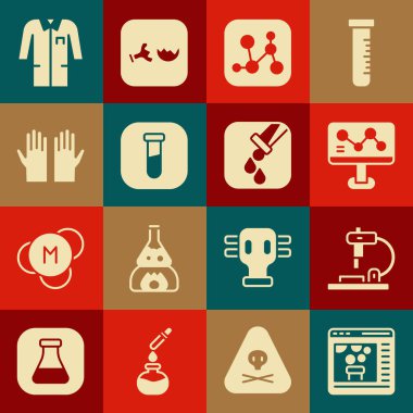 Chemical 'ı çevrimiçi yap, mikroskop, formül, tüp ve matara, tıbbi lastik eldivenler, laboratuvar üniforması ve ikon. Vektör