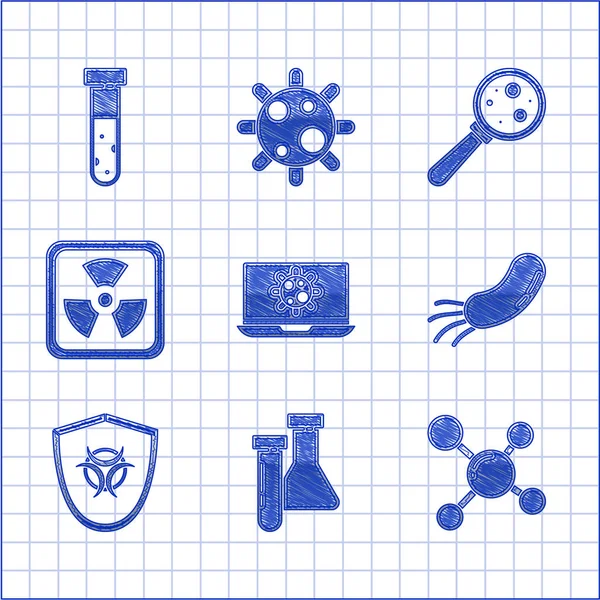 Ορίστε Βακτήρια Laptop Δοκιμαστικό Σωλήνα Και Φιάλη Χημική Μόριο Biohazard — Διανυσματικό Αρχείο