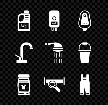 Set Drain cleaner bottle, Electric boiler, Toilet urinal or pissoir, Laundry detergent, Industry metallic pipe, Work overalls, Water tap and Shower icon. Vector