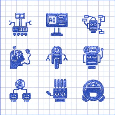 Set Robot, Mechanical robot hand, vacuum cleaner, low battery charge, Artificial intelligence, charging,  and  icon. Vector