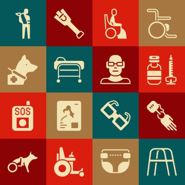 Set Walker, protez el, şırınga, kadın tekerlekli sandalye, sedye, rehber köpek, insan kolu ve zayıf görme ikonu. Vektör