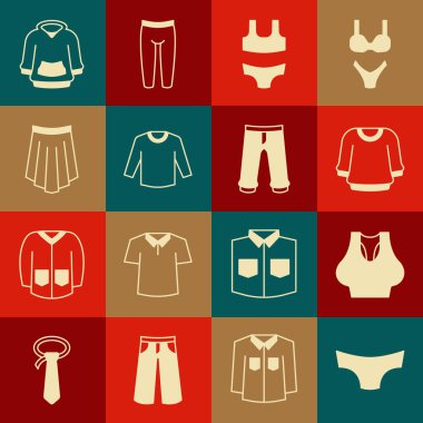 Set Men iç çamaşırı, atlet, kazak, mayo, etek, kapüşon ve pantolon ikonu. Vektör
