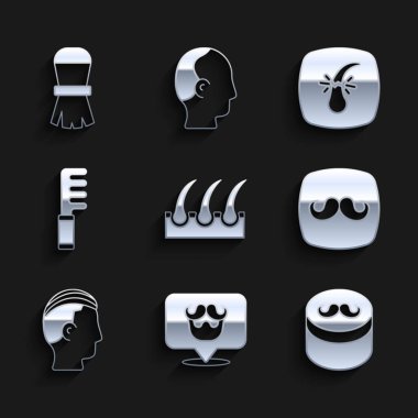 Set Human hair follicle, Barbershop, Gel or wax for styling, Hairstyle men, Hairbrush, Broken and Shaving icon. Vector