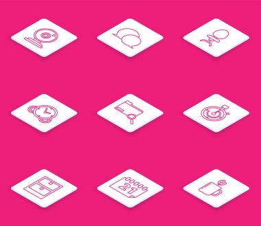 Set line Web camera, Speech bubble chat, Office chair, Time Management, Search concept with folder, Briefcase, Archive papers drawer and Calendar icon. Vector