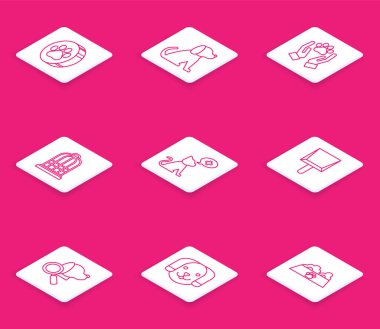 Paw baskısı, Dog, Hands with animals ayak izi, Cage for birds, Veterinerlik kliniği sembolü, faraş ve ikon. Vektör