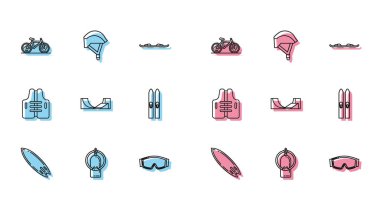 Set line Surfboard, Aqualung, Bicycle, Ski goggles, Skate park, and sticks, Life jacket and helmet icon. Vector