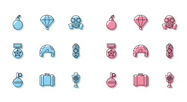 Hat el bombası, askeri mühimmat kutusu, patlamaya hazır bomba, ateş etmek için insan hedef sporu, miğfer, dinamit bomba zamanlayıcı saati, ödül madalyası ve paraşüt ikonu. Vektör