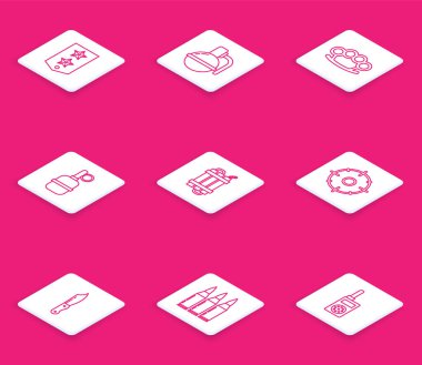 Çizgi Chevron, el bombası, pirinç muşta, dinamit bombası, atış yarışması için hedef sporu, askeri bıçak ve kurşun ikonu. Vektör