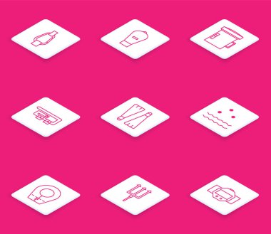 Halat karabinası, kaldırma çantası, dalgıç için büyük el feneri, dalış kemeri, yüzen lastik yüzgeçler, soğuk ve dalgalar, kaput ve Neptune Trident ikonu. Vektör