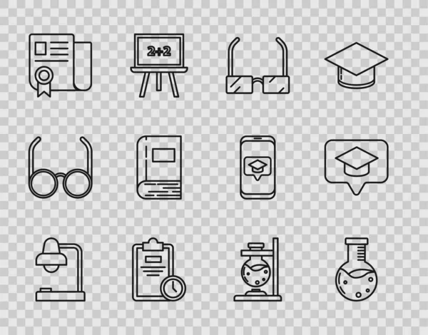 Set Lijn Tafellamp Testbuis Kolf Chemisch Laboratorium Bril Examen Blad — Stockvector