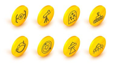 UFO uçan uzay gemisi Güneş Sistemi astronot miğferi Mars Gezgin Teleskobu ve kozmik ikonu ayarla. Vektör.