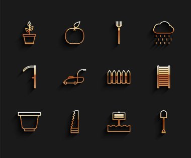 Çiçek saksısı bahçesi boş tahta tabela, tahta çim biçme makinesi tahta merdiven ve çit ikonu görmüş. Vektör.