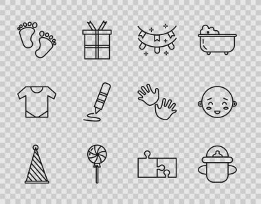 Parti şapkası, Şişe Bebek Karnaval çelengi, üzerinde bayraklar, lolipop ayak izleri, pastel boya kalemi, bulmacanın bir parçasını çizmek için. Vektör.