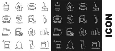 Petrol ve gaz sanayi fabrikası, benzin pompası, benzin deposu, benzin deposu, benzin deposu, motor yağı ikonu için de teneke kutu kurun. Vektör.