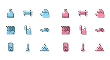 Şehir haritası navigasyonu Meteoroloji termometre kamp gaz ocağı turist çadırı Hafif Araba Takvimi ve Bench ikonu. Vektör.