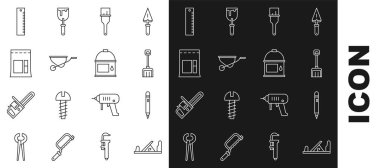 Set line Wood plane tool Pencil with eraser Snow shovel Paint brush Wheelbarrow Cement bag Ruler and bucket icon. Vector.