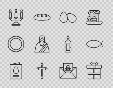 Mutlu Paskalya Hediyeleri kutulu tebrik kartı. Hristiyan haçı Candelabrum şamdanları İsa ve balık ikonu. Vektör.