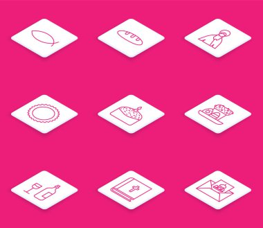 Hristiyan balığı ekmek somunu İsa Paskalya pastası ve mum yumurtalar cam ve kutsal İncil ikonu ile şarap şişesi. Vektör.