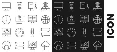 Cloud satırını ya da çevrimiçi kütüphane konuşma baloncuğu sohbet sosyal ağ elektronik kitabı ile fare video konferansı bilgi bilgisayarı monitör ekranı ve çevrimiçi simge ile ayarla. Vektör.