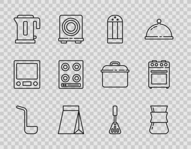 Mutfak kepçesi, kahve, Türk tuzu kahve, kahve çekirdekleri, elektrikli su ısıtıcısı, soba ve fırın ikonu. Vektör.