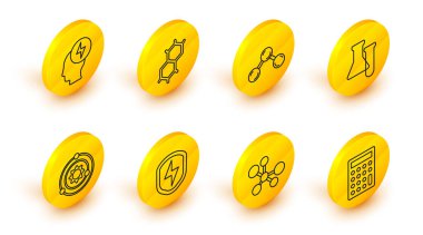 Satır Hesaplayıcı Molekül Güvenlik kalkanını yıldırım güneş sistemi test tüpü, kimyasal formül ve baş elektrik sembolü ile ayarla. Vektör.