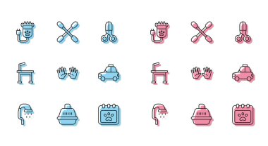 Hayvan duşu çantası, saç kesme makinesi, Takvim, tıbbi lastik eldiven taksi masası ve kulak ikonu için pamuk çubuğu. Vektör.