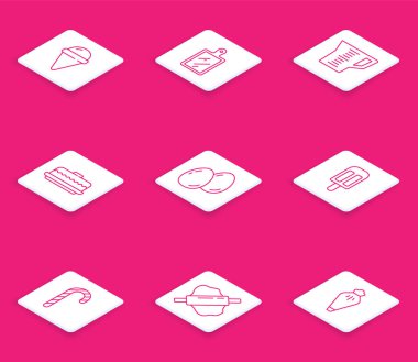 Dondurmayı waffle külahında, pasta kesme kabında, paskalya yumurtalarında, noel şekerlerinde ve yuvarlanan iğne hamuru ikonunda ayarla. Vektör.