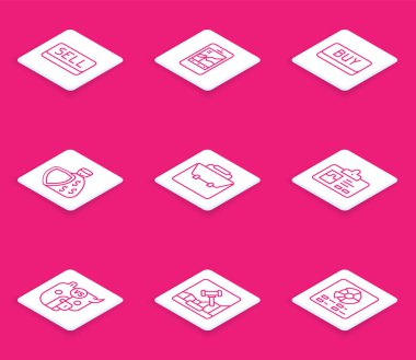 Set line Sell button Mobile stock trading Buy Shield and money bag Briefcase Identification badge Bull bear of market and Online internet auction icon. Vector.