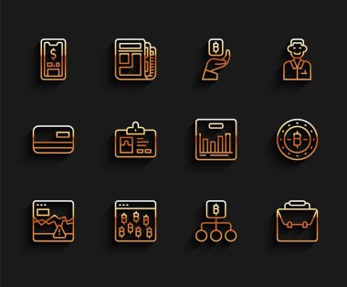 Hat Hattı Başarısızlık hisse senetleri Bitcoin 'i Tarayıcı Mobil' de dolar engelleme teknolojisi, evrak çantası kimlik kartı ve Pie grafiksel ikonu ile pazarlar. Vektör.