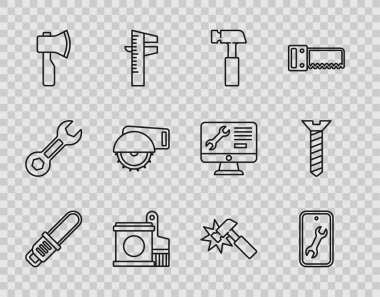Set line Chainsaw Mobile service Hammer Paint bucket and brush Wooden axe Electric circular and Metallic screw icon. Vector.