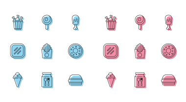 Dondurmayı Waffle Cone Online sipariş et ve tavuk budu paketi getir Burger patates kızartması ve lolipop ikonu. Vektör.