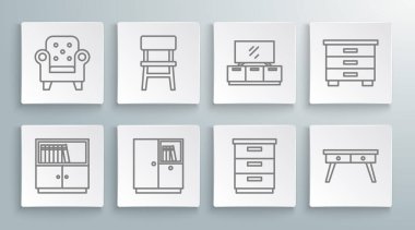 Kütüphane kitaplığının raf raf koltuğu mobilya komodininin masa başı TV masası ve Kol Sandalyesi ikonu. Vektör.