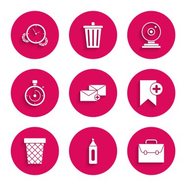 Zarf İmleci Kalem İmleci Çöp Kutusu Kamerası ve Zaman Yönetimi simgesini ayarla. Vektör.