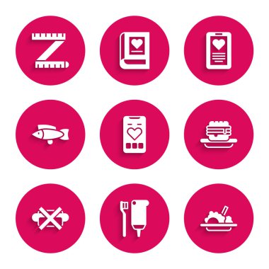 Kalp atış hızı diş fırçası, diş macunu, sağlıklı yiyecek artıkları abur cubur yok. Tıbbi pano ve bant mezurası yok. Vektör.