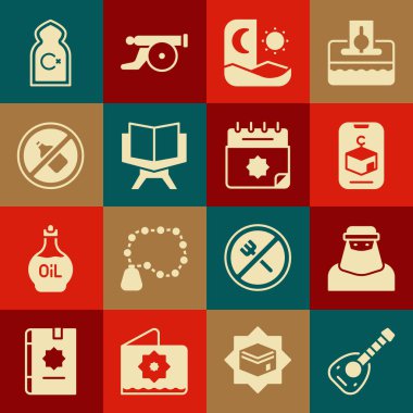 Lute Müslüman kadını niqab Star 'a koyun ve Hilal Ramazan' da oruç tutun. Kutsal Kur 'an' da alkol camisi ve takvim ikonu yok. Vektör.