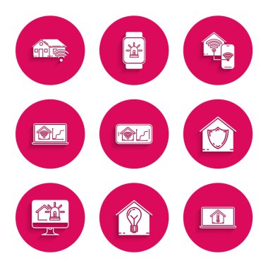 Set Mobile phone with smart home with wi-fi Smart house and light bulb Laptop temperature House under protection Computer monitor alarm and icon. Vector.