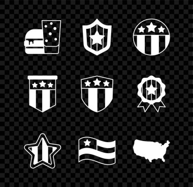 Set Burger Shield with stars Medal USA Independence day American flag map and icon. Vector.